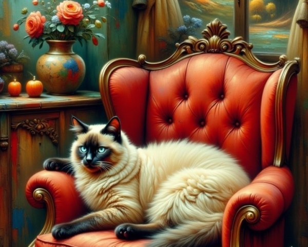 Fluffy White Cat on Red Velvet Armchair in Vintage Room