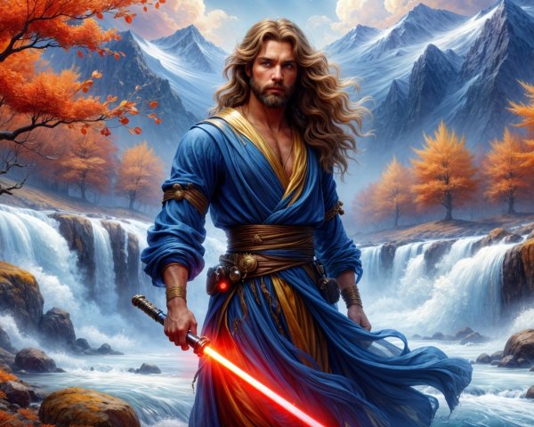 Majestic figure in autumn landscape with glowing sword