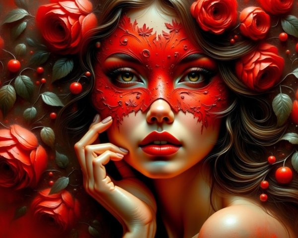 Portrait of a woman with a red floral mask
