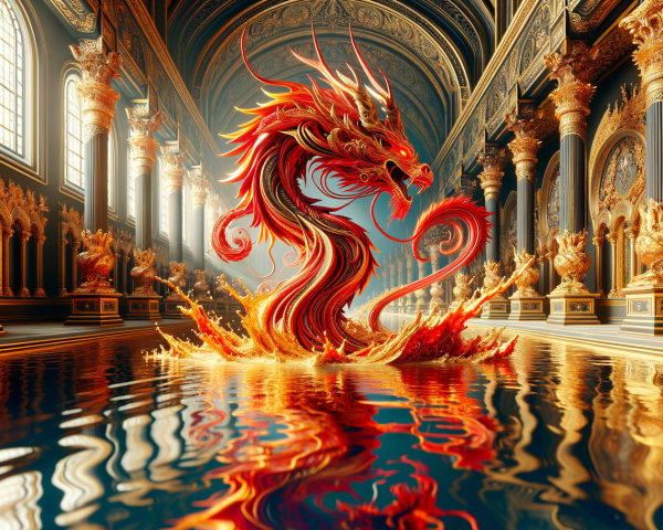 Red dragon in opulent hall with shimmering pool