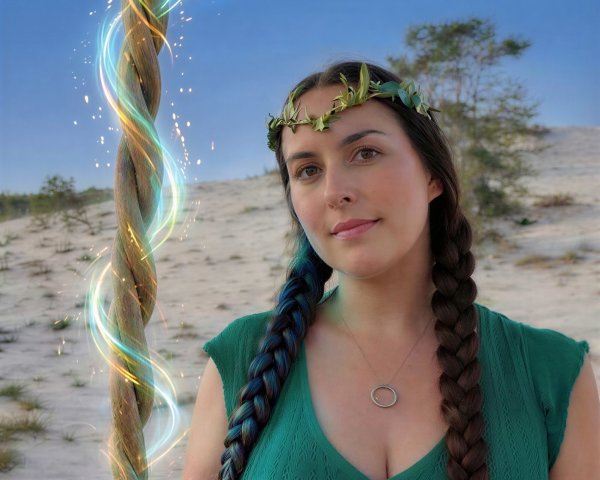 Young Woman with Magical Staff in Desert Setting