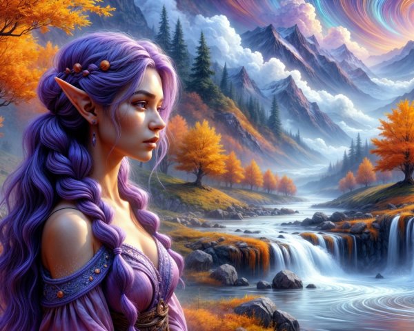 Mystical Landscape with Elf by Serene River and Waterfalls