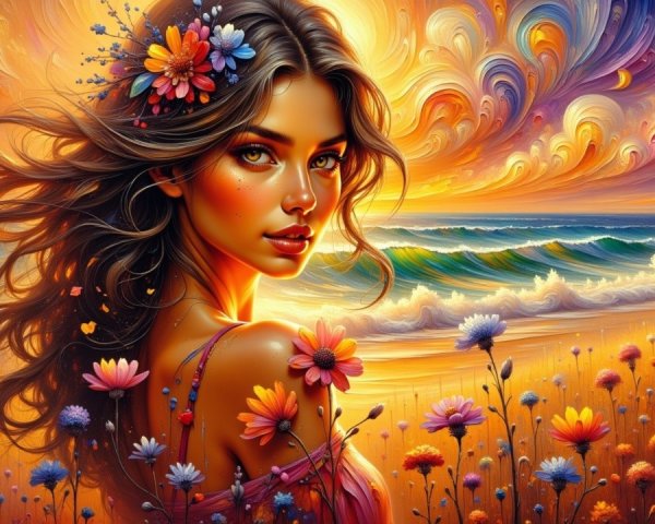 Surreal Scene of Woman with Flowers at Sunset