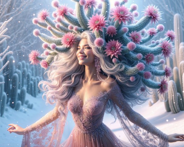 Whimsical Woman in Cactus-Inspired Hairstyle and Gown