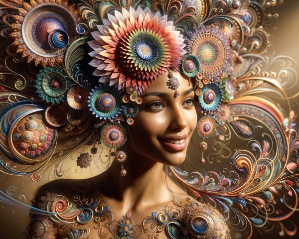 Woman with Colorful Floral Headdress and Radiant Smile