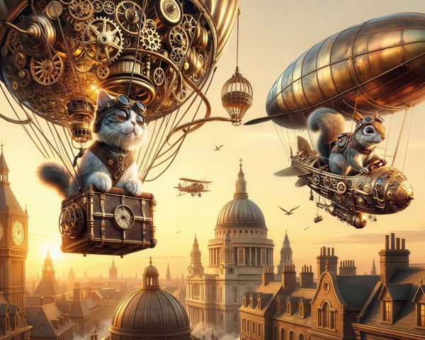 Steampunk Cityscape with Airships and Cat in Balloon