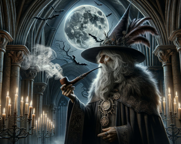 Elderly Wizard in Gothic Cathedral with Candlelight