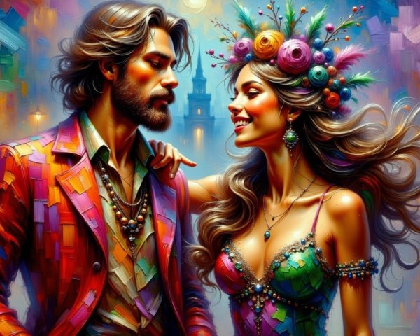Stylish Couple in Colorful Romantic Street Scene