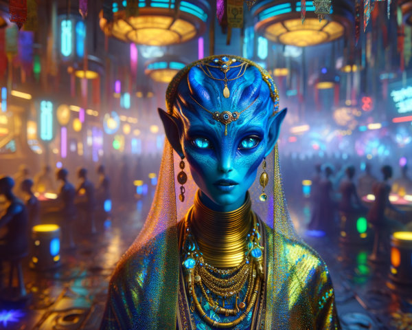 Futuristic Scene with Alien Figure and Neon Lights
