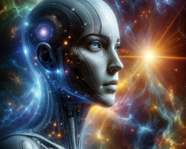 Futuristic humanoid robot in cosmic galaxy backdrop