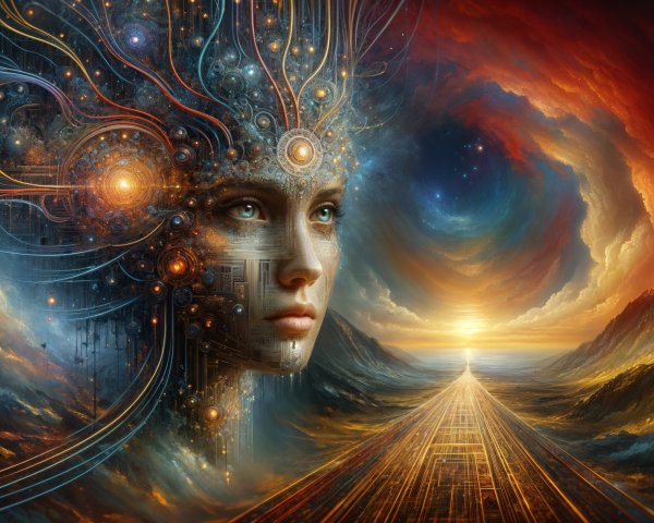 Surreal Landscape with Futuristic Female Face and Orbs
