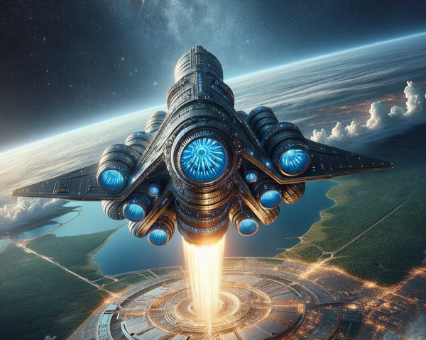 Futuristic spacecraft launching from circular space station