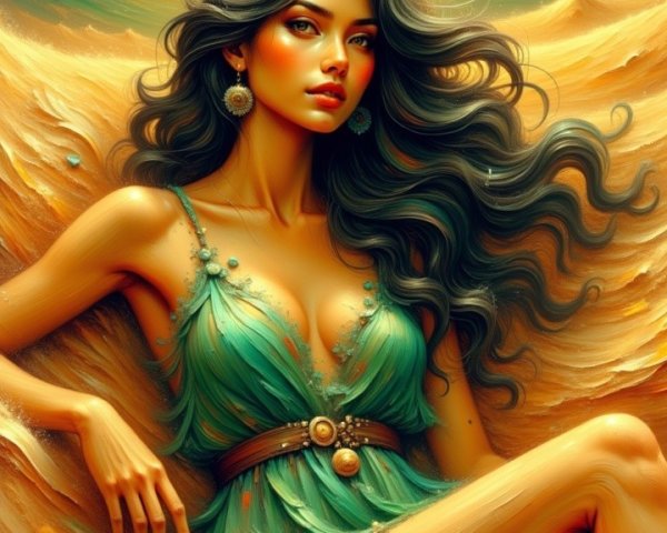 Woman in Emerald Dress Against Vibrant Sunset Background
