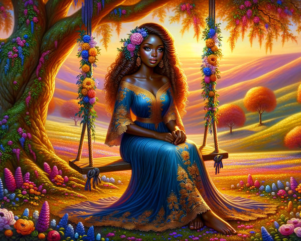 Serene Sunset Landscape with Floral Elements and Swing