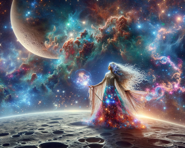 Celestial Figure on Lunar Surface with Cosmic Background