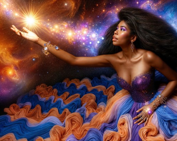 Cosmic Figure in Elegant Gown Against Vibrant Galaxy