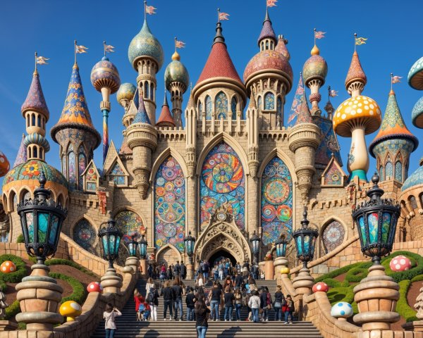 Whimsical fairy tale castle with vibrant gardens and towers