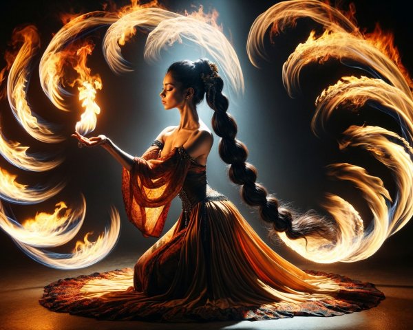 Kneeling Figure Surrounded by Dynamic Flames and Light