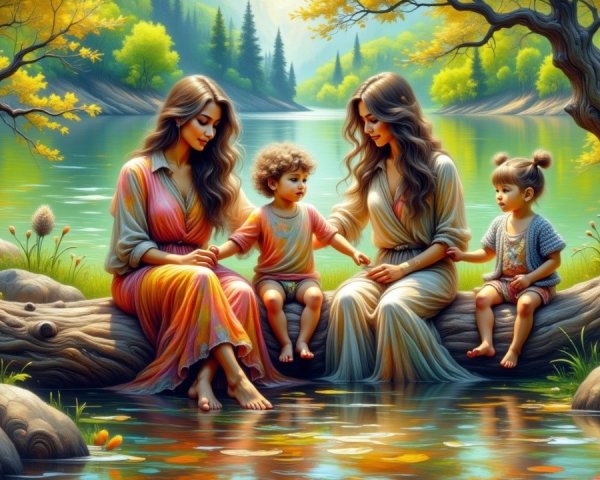 Lakeside Scene with Women and Children in Nature