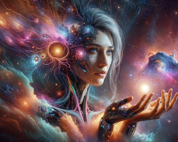 Futuristic Figure with Cosmic Elements and Nebulae