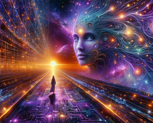 Surreal Landscape with Cosmic Backdrop and Figure