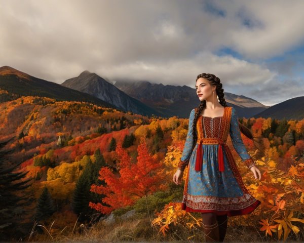 Young Woman in Traditional Dress in Autumn Landscape