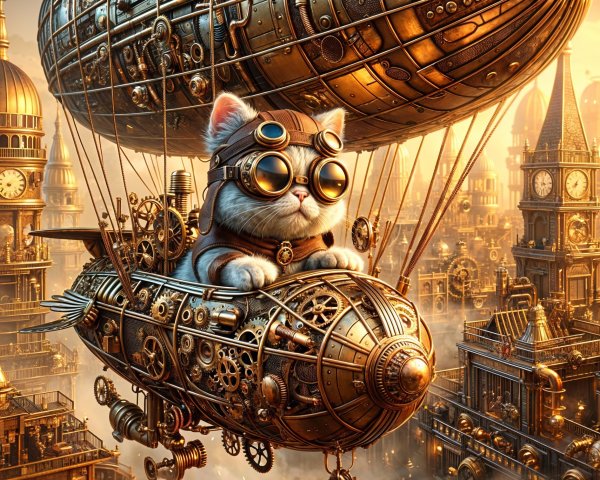 Whimsical Steampunk Cat Piloting an Airship Scene
