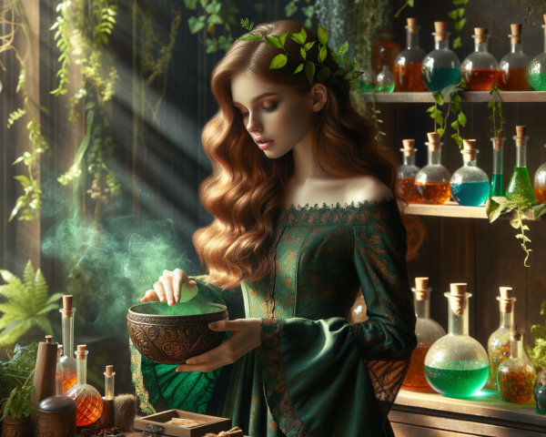 Mystical Apothecary Scene with Potion and Herbs