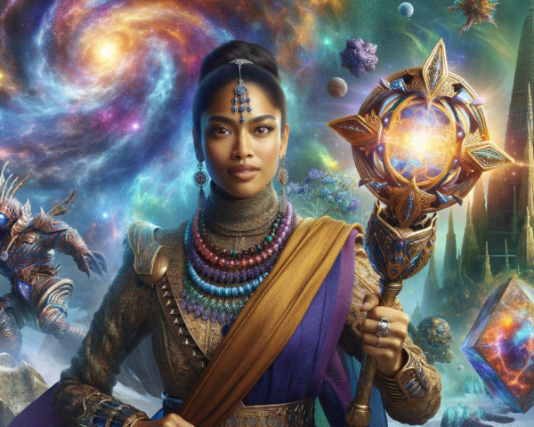 Majestic figure in cosmic landscape with glowing staff