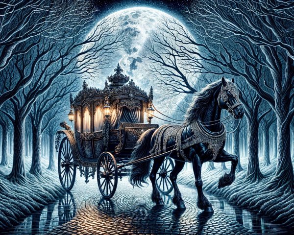 Mystical Forest with Black Horse and Glowing Carriage