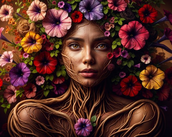 Portrait of Woman with Hair as Colorful Flowers