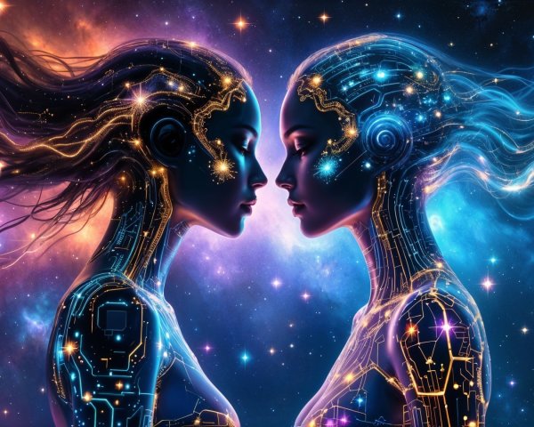 Ethereal Figures in Cosmic Background with Neural Patterns