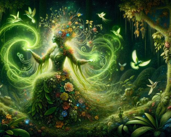 Mystical Figure in a Lush Enchanted Forest Setting