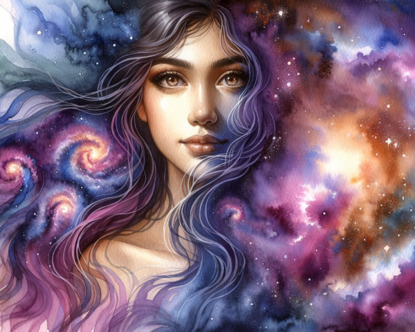Cosmic Portrait of a Young Woman with Galaxy Background