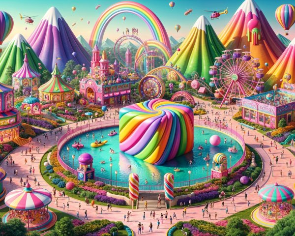Vibrant Carnival Scene with Colorful Mountains and Tents