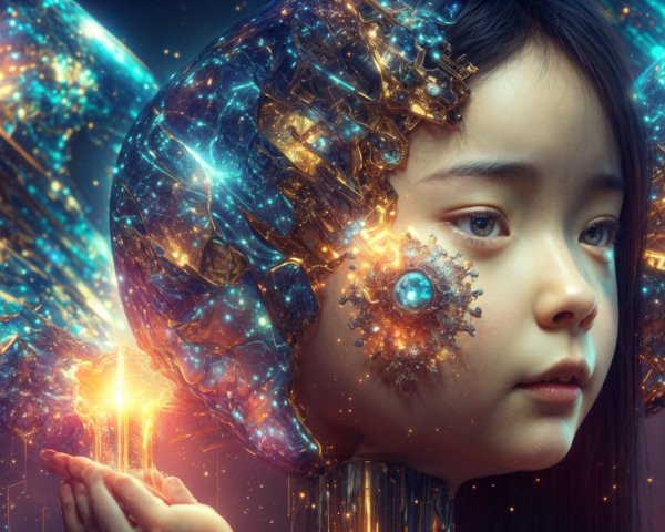Young girl with intricate organic-mechanical headpiece