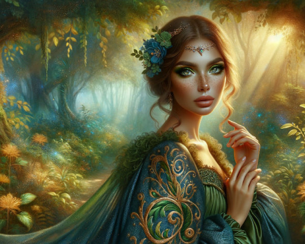 Young woman in embroidered gown in mystical forest