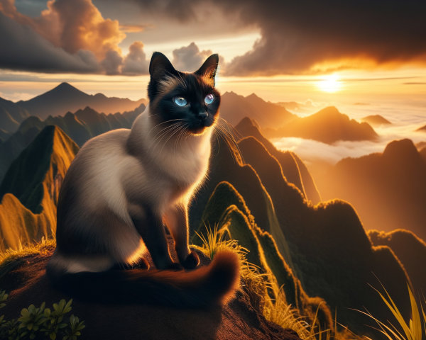 Siamese Cat on Hillside Overlooking Sunset Landscape
