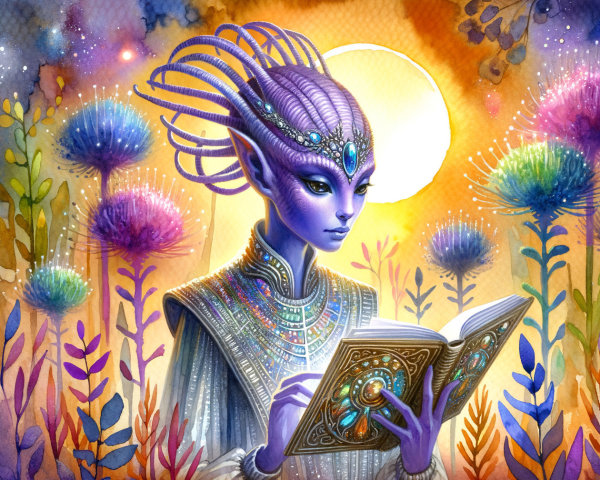 Ethereal Alien Figure Reading in Vibrant Landscape