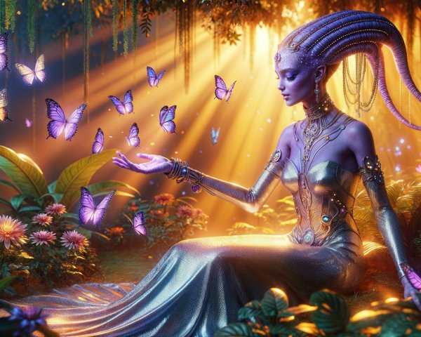 Magical forest scene with serene figure and butterflies