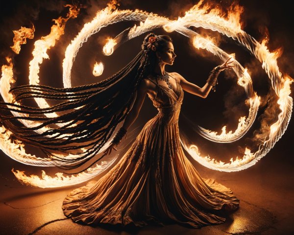 Dancer in Embellished Gown with Flaming Hoops