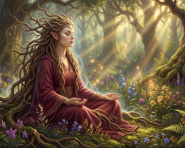 Fantasy Illustration of an Elf in a Forest Setting