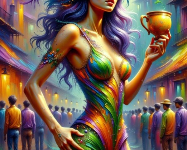 Vibrant Figure in Multicolored Gown Amidst Street Scene
