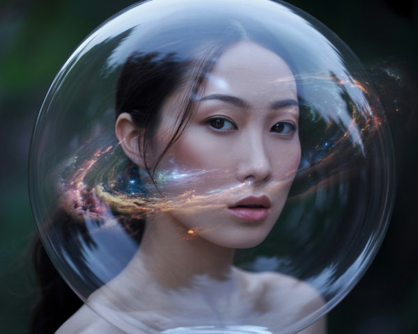 Contemplative Woman in Cosmic Bubble Scene