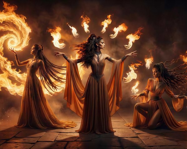Three Fire Sorceresses Casting Spells in Dark Room