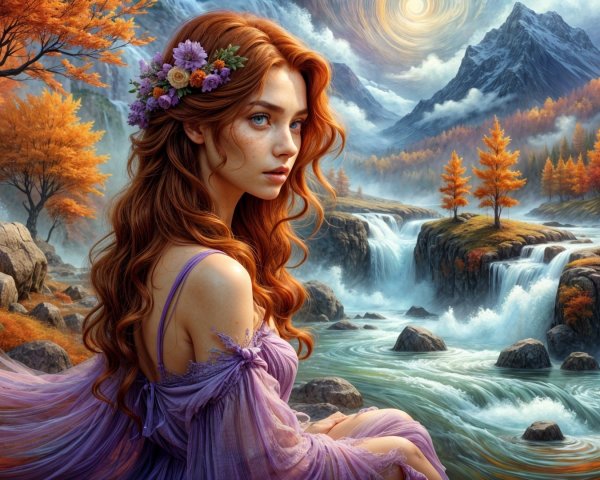 Serene woman with red hair by a waterfall in autumn