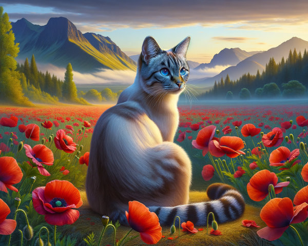 Cat with Blue Eyes in a Field of Red Poppies