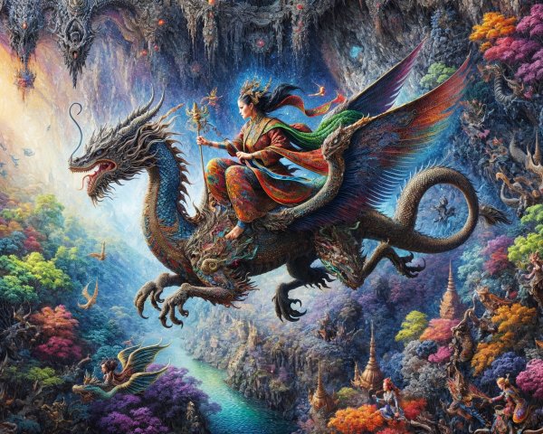 Majestic figure on vibrant dragon in magical landscape