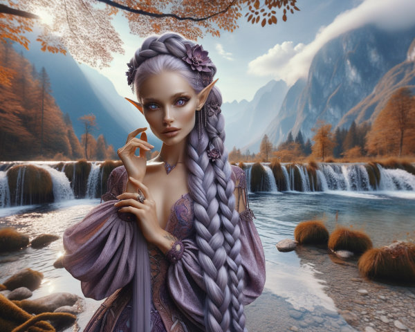 Mystical Elf by Serene River in Autumn Landscape