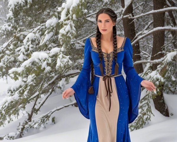 Young woman in blue gown in snowy forest setting